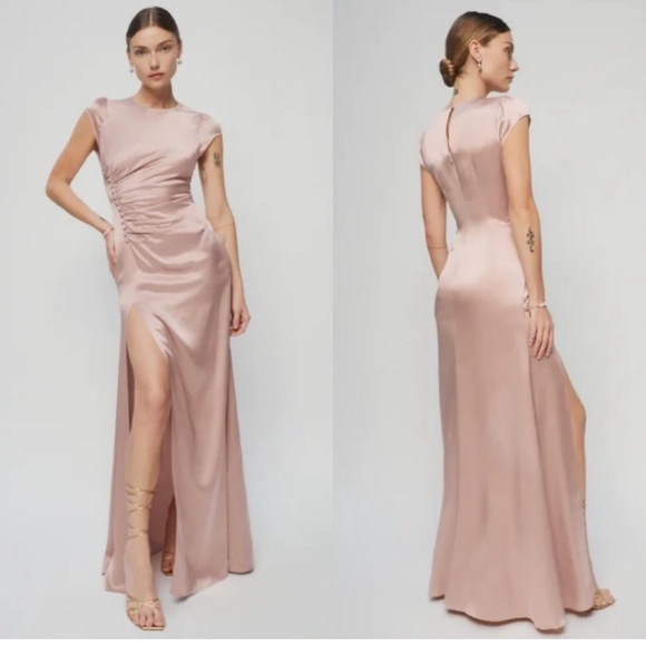 Reformation Birch Maxi Silk Dress Blush Crew Neck Ruched Side Slit - Picture 1 of 11